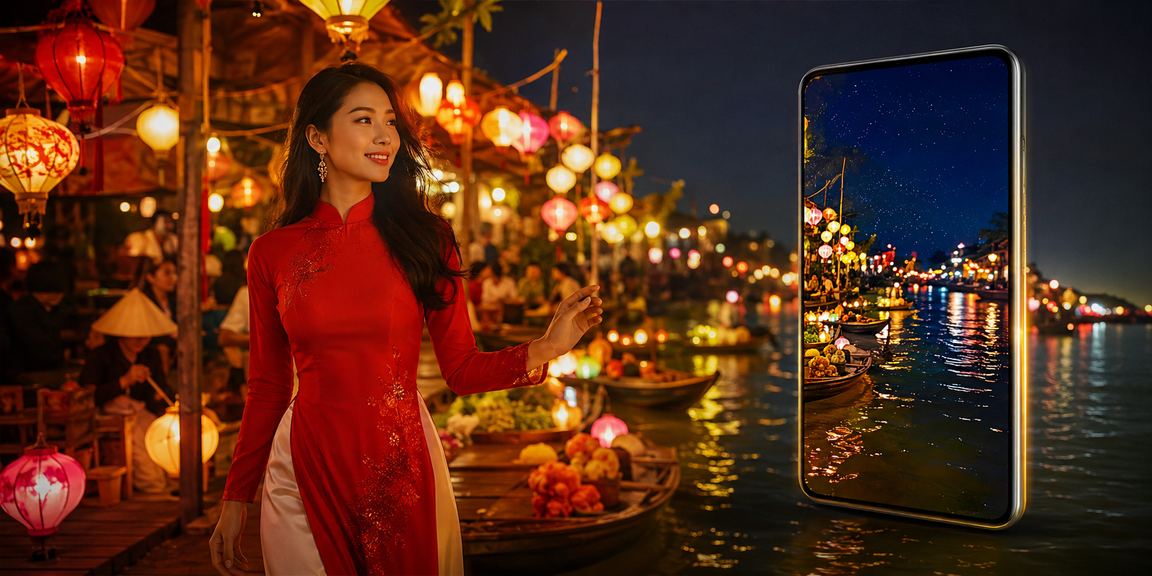 Người phụ nữ mặc áo dài sử dụng ứng dụng casino tại Hội An